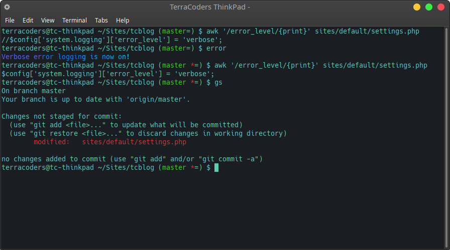 toggling on verbose error logging with a Bash script