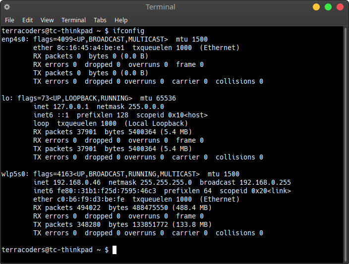 running ifconfig on the command line