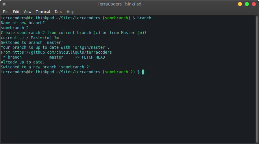 using a script to checkout a new git branch from Master