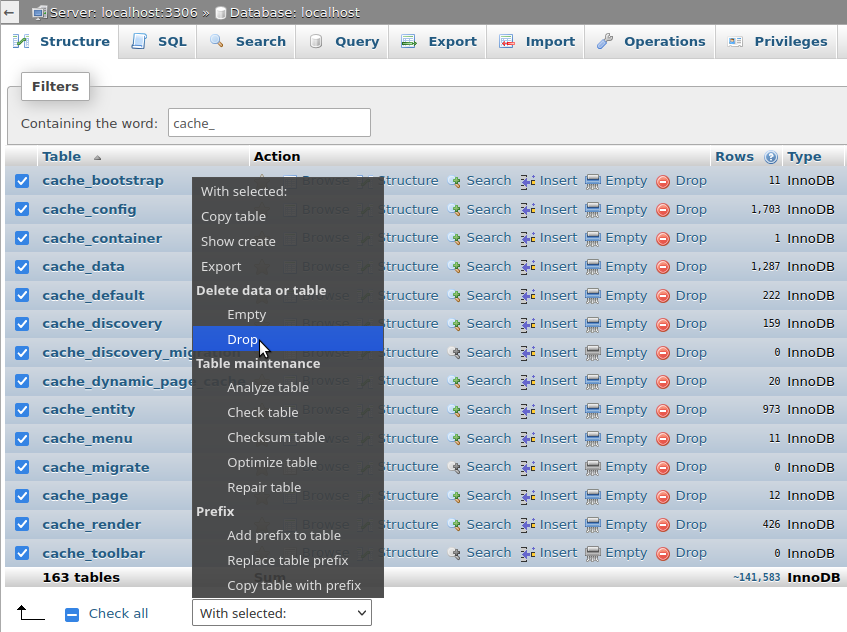 clearing a Drupal site's cache from PHP my admin