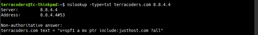 nslookup -type=txt terracoders.com