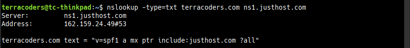 nslookup -type=txt terracoders.com ns1.justhost.com