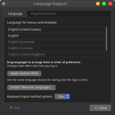 language support menu
