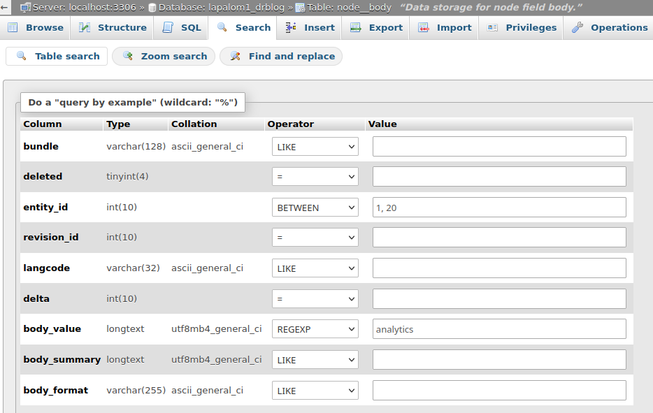 running a database table search with php my admin